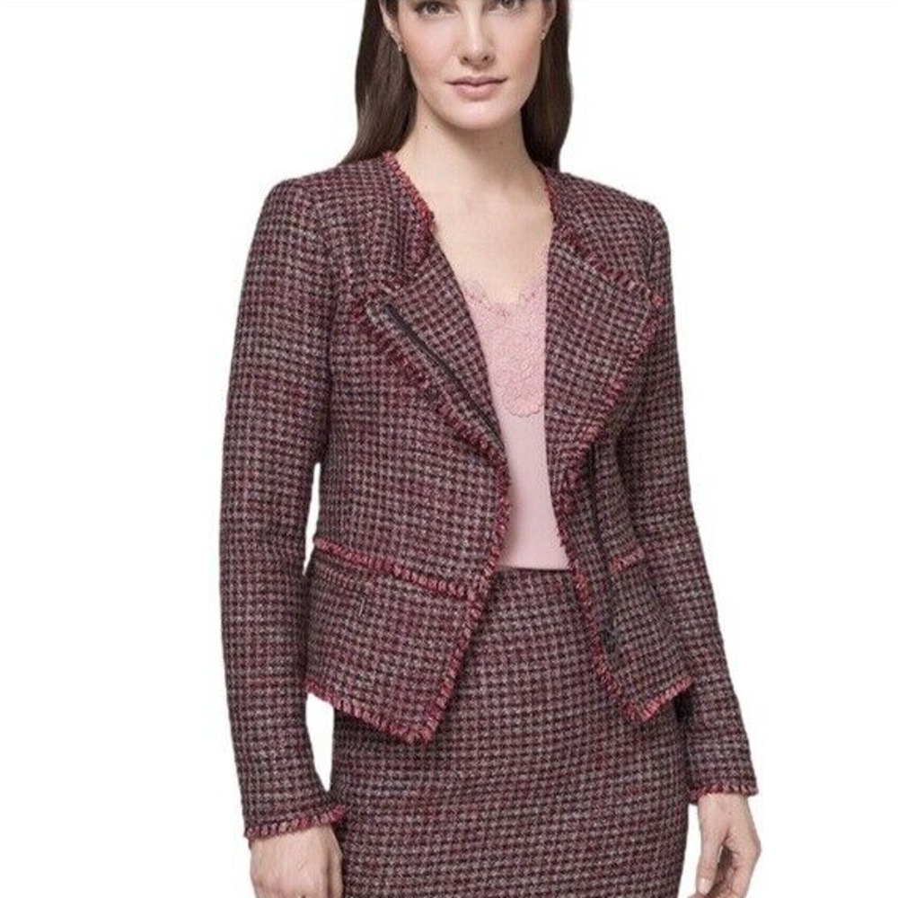 WHBM White House Black Market Red Tweed Jacket Blazer Zip Front Pocket M…